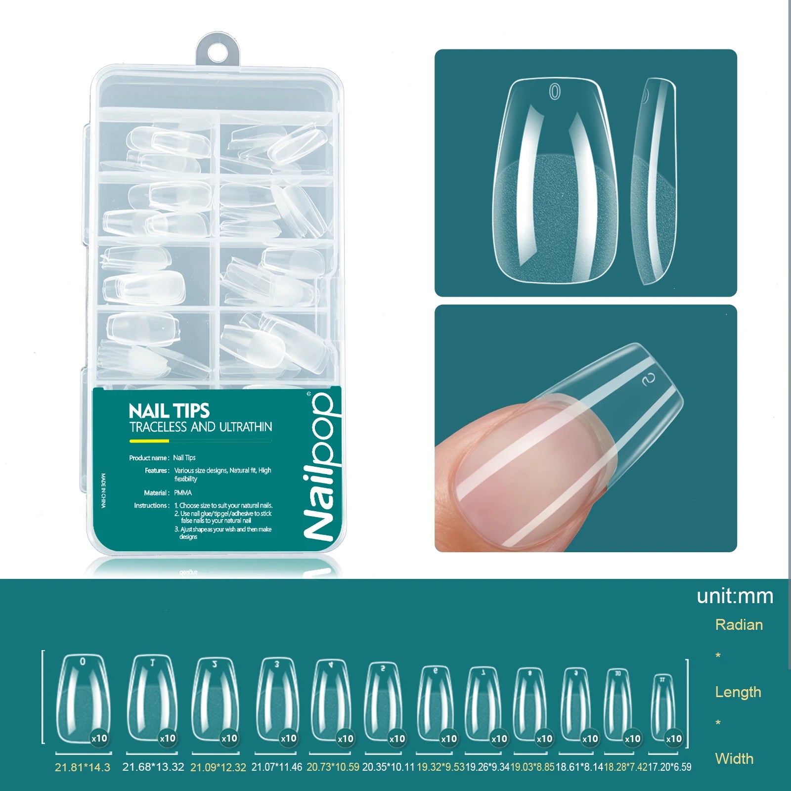 Nailpop Clear Acrylic False Nail Tips — Professional Full Cover Extensions