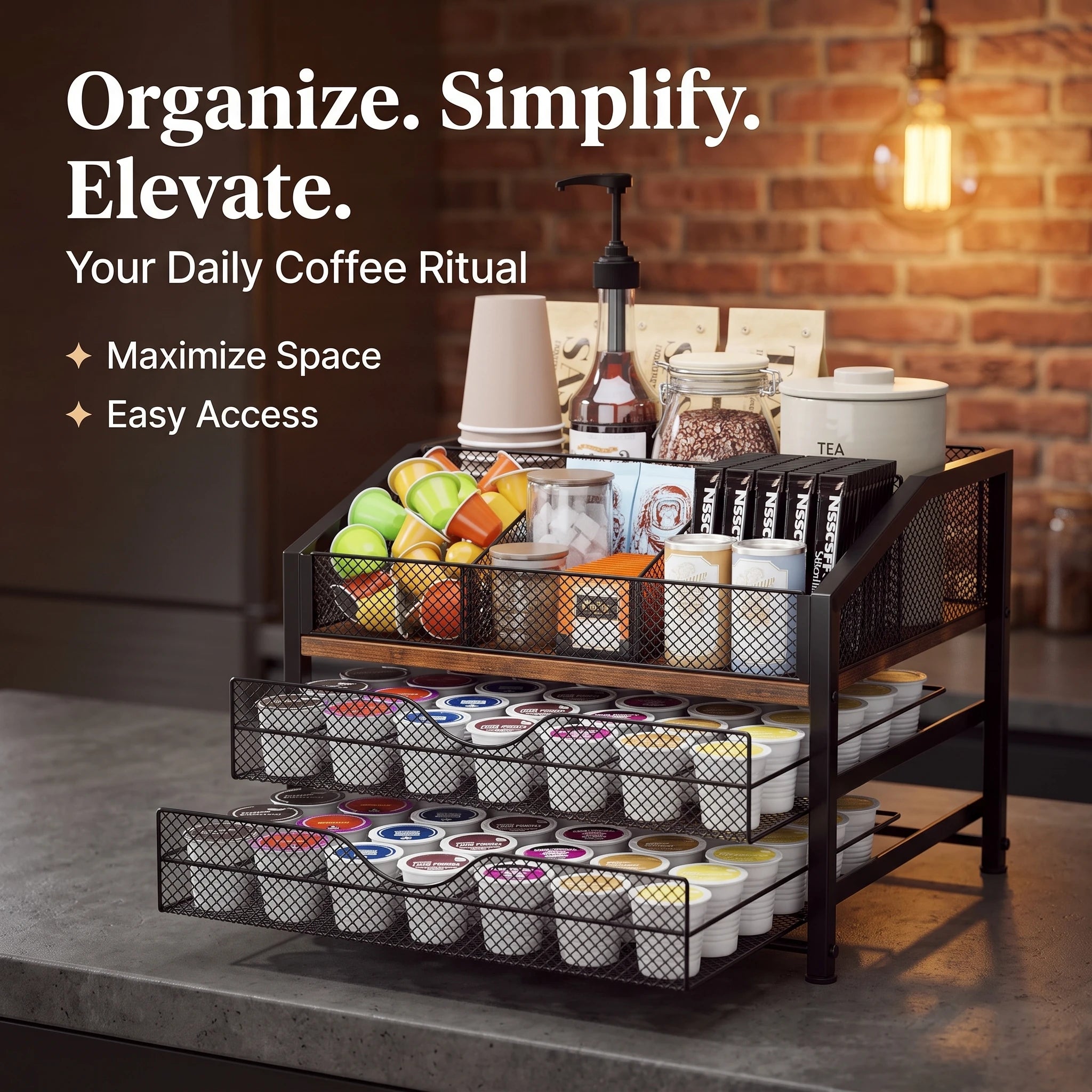 Coffee Bar Organizer — Metal and Wood Station for Countertop