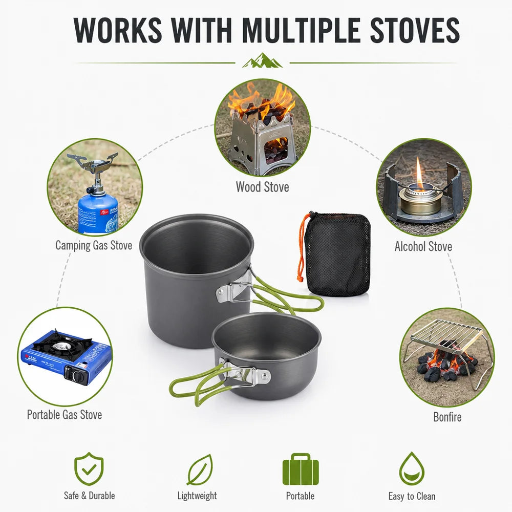 ZCTYHPGACN Portable Camping Cookware Set — Lightweight Non-Stick Pots for Hiking