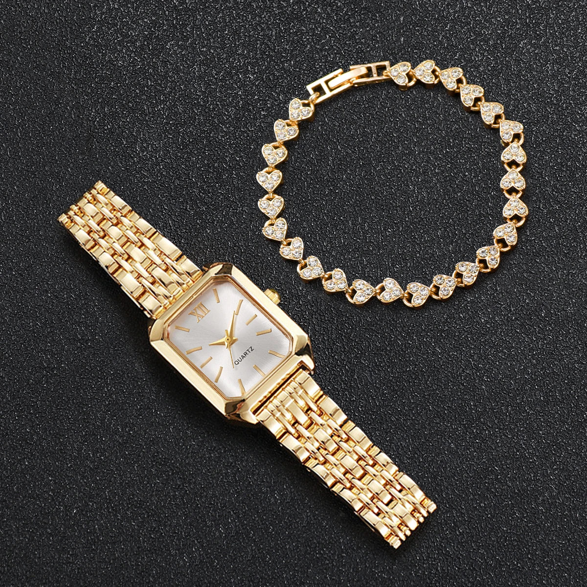 Women's Quartz Watch and Rhinestone Bracelet Set — Elegant Roman Dial Jewelry Kit