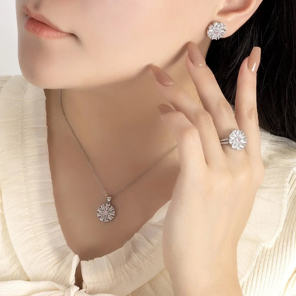 925 Sterling Silver Sunflower Zircon Jewelry Set — Elegant Wedding Gift