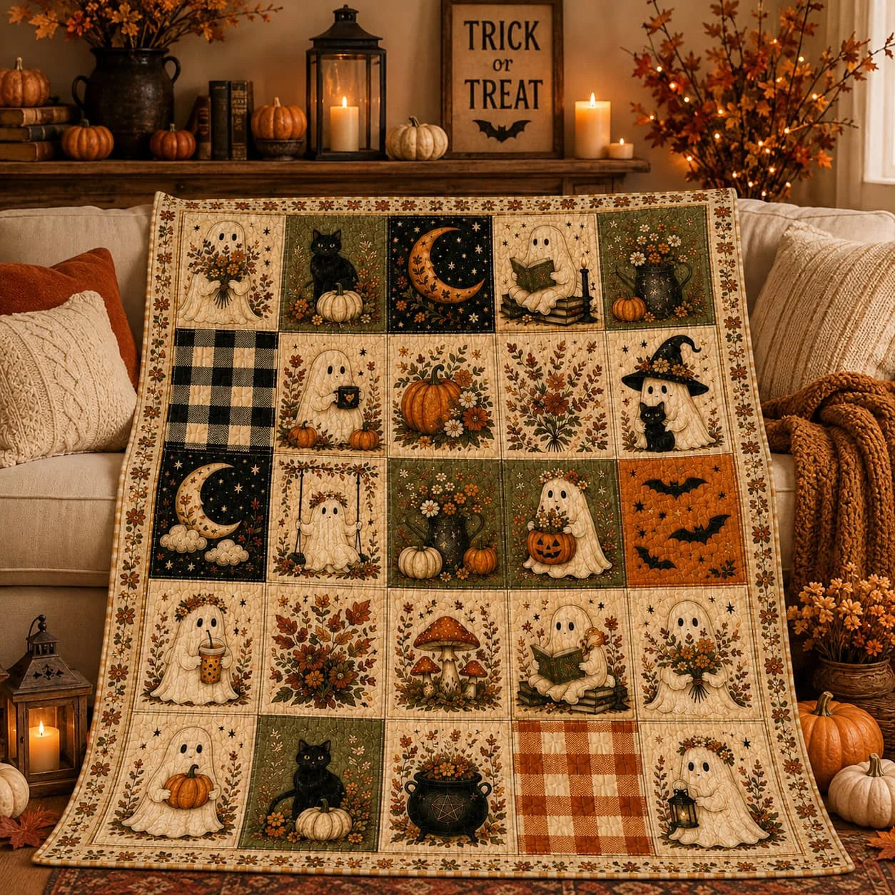 Halloween Ghost and Pumpkin Throw Blanket — Cozy Spooky Season Bedding