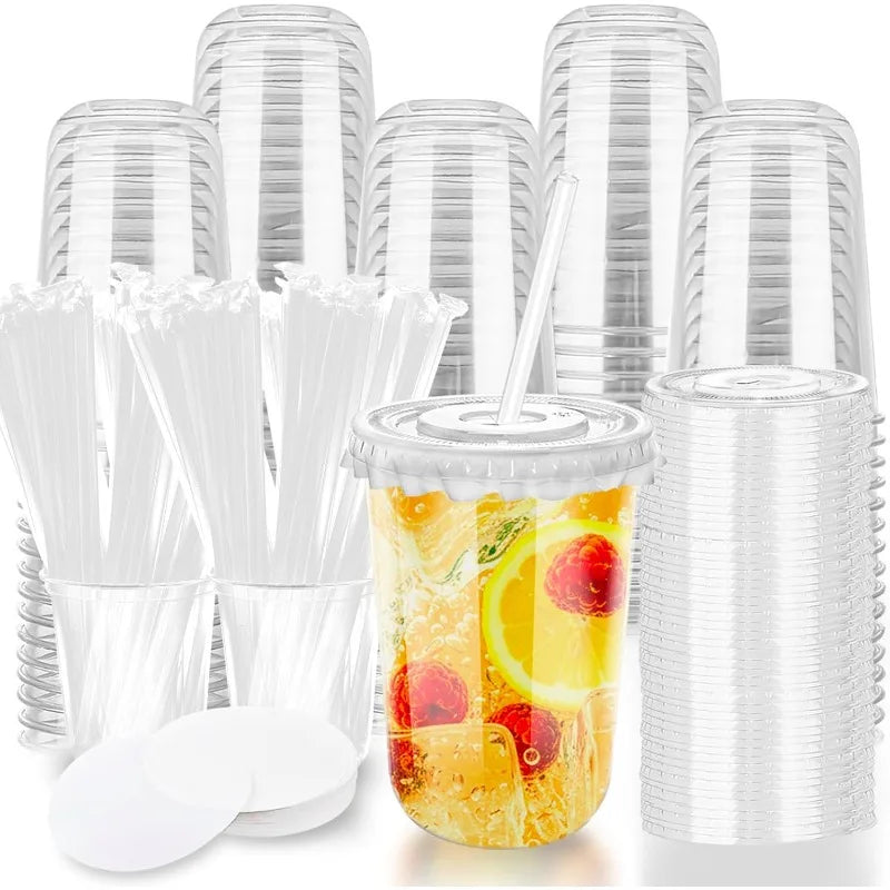 Disposable Stemless Wine Glasses — Clear Plastic Cups with Lids and Straws