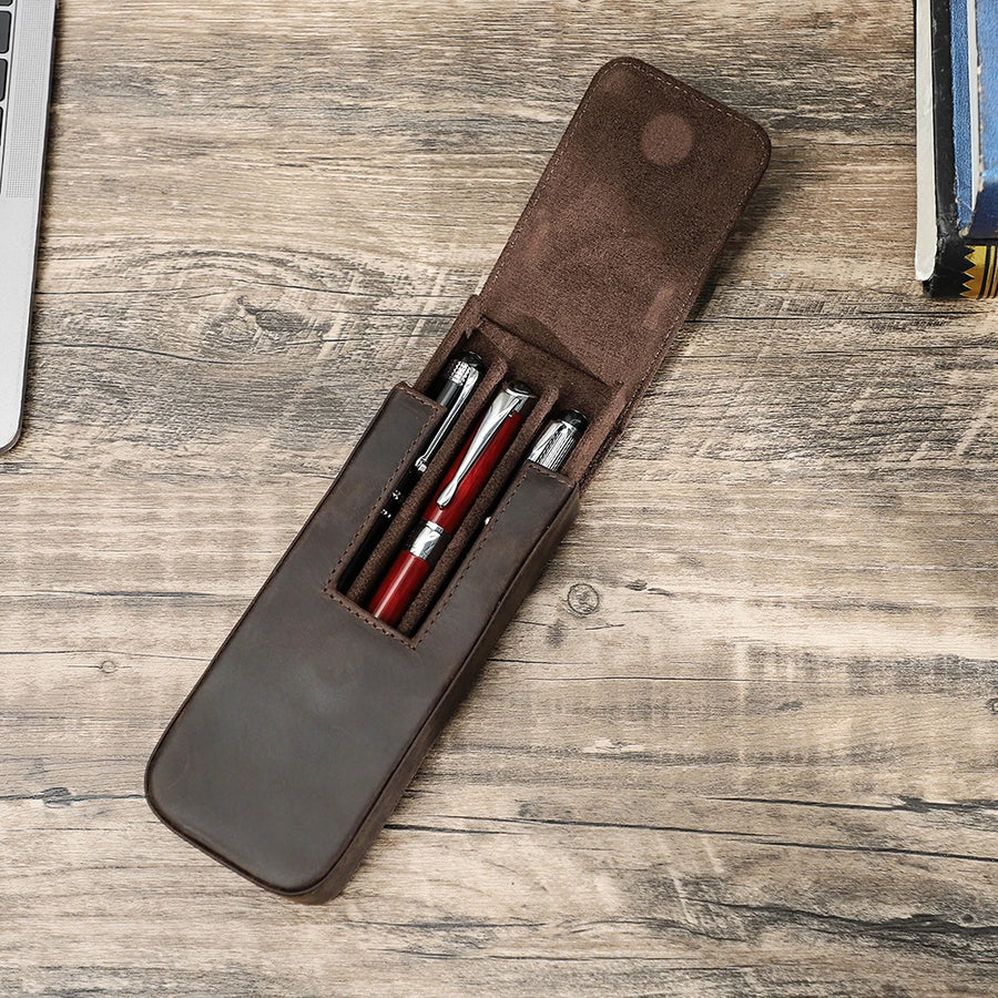 CONTACTS FAMILY Genuine Leather Pen Case — Luxury 3-Slot Pencil Pouch
