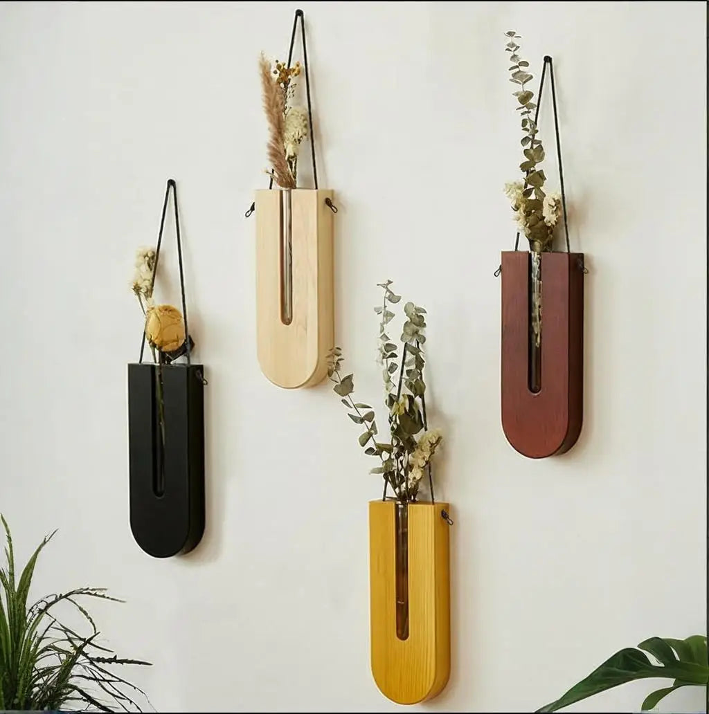 Wooden Hanging Plant Propagation Vase — Boho Wall Decor with Glass Tube