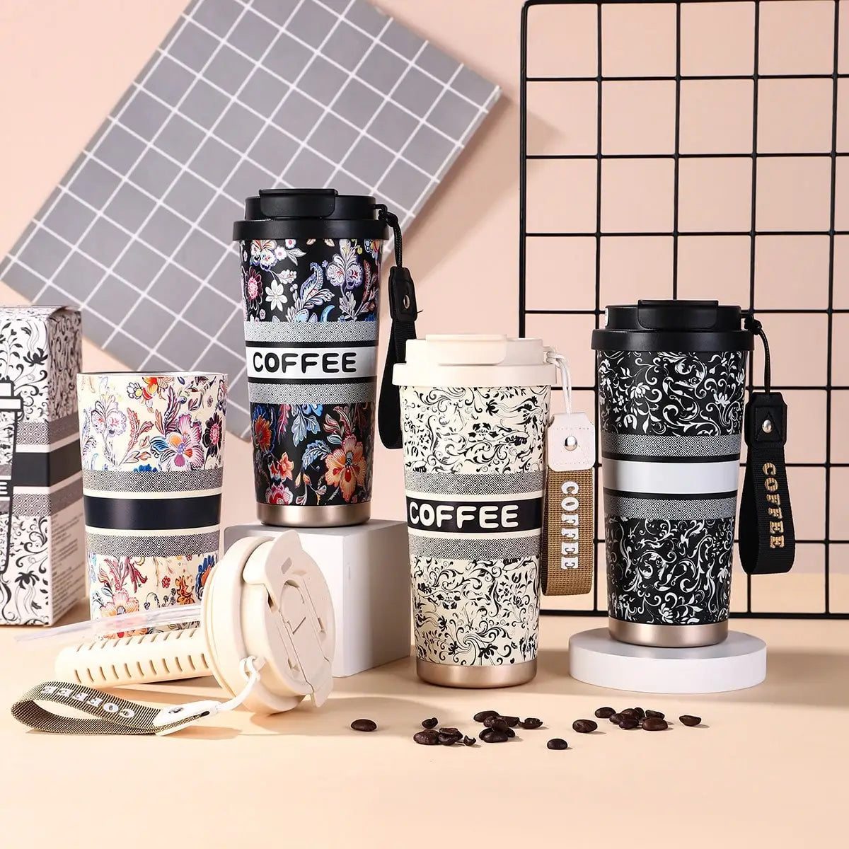 Insulated Stainless Steel Coffee Tumbler — Leakproof Travel Mug with Lanyard