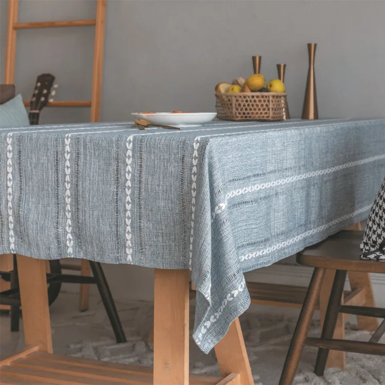 Cotton Linen Stripe Tassel Tablecloth — Stain Resistant Dining Decor
