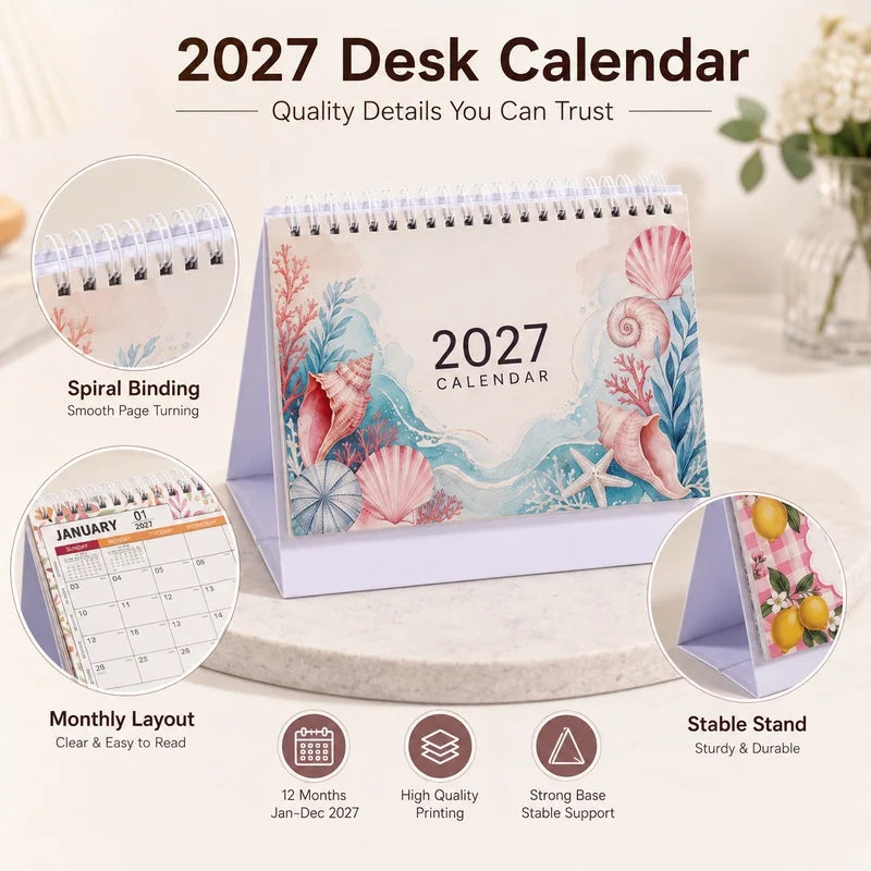 2027 Desk Planner Calendar — Spiral Bound Monthly Organizer, Floral Design