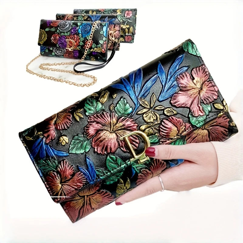 Floral Embossed Leather Clutch — Convertible Crossbody Bag with Chain
