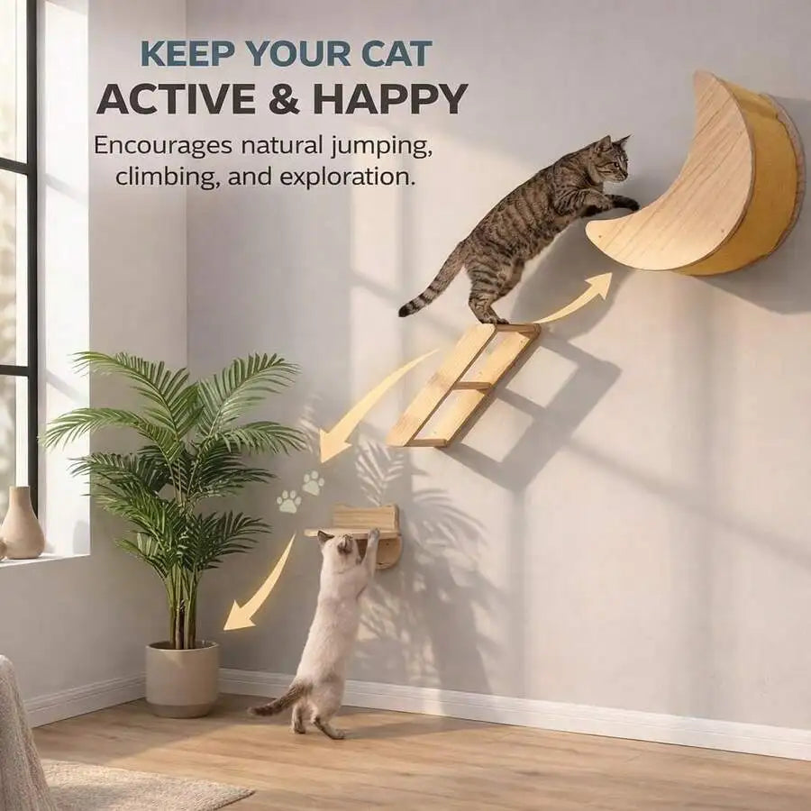 Moon Cat Wall Shelves — 3-Piece Solid Wood Climbing Set