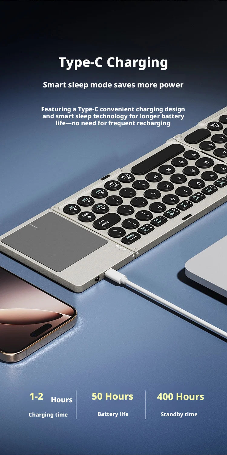 P+7 Three-Foldable Bluetooth Keyboard — Multi-Device Wireless Typing with Touchpad