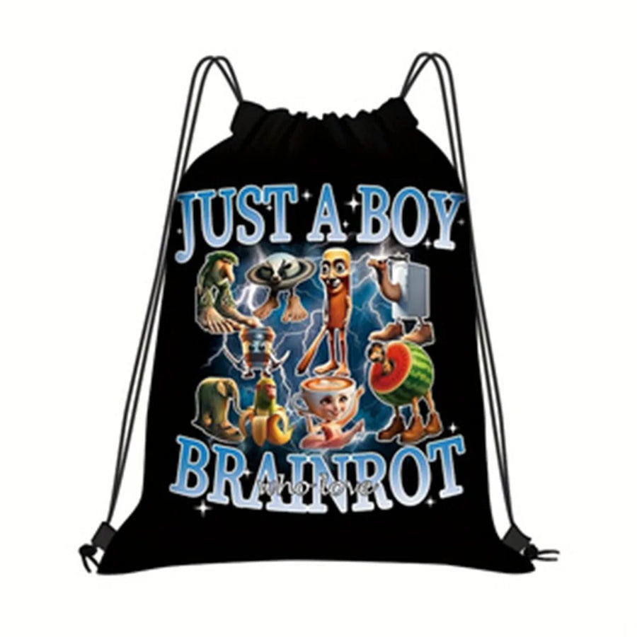 Cartoon Print Drawstring Bag — Waterproof Polyester Backpack for Sports & School