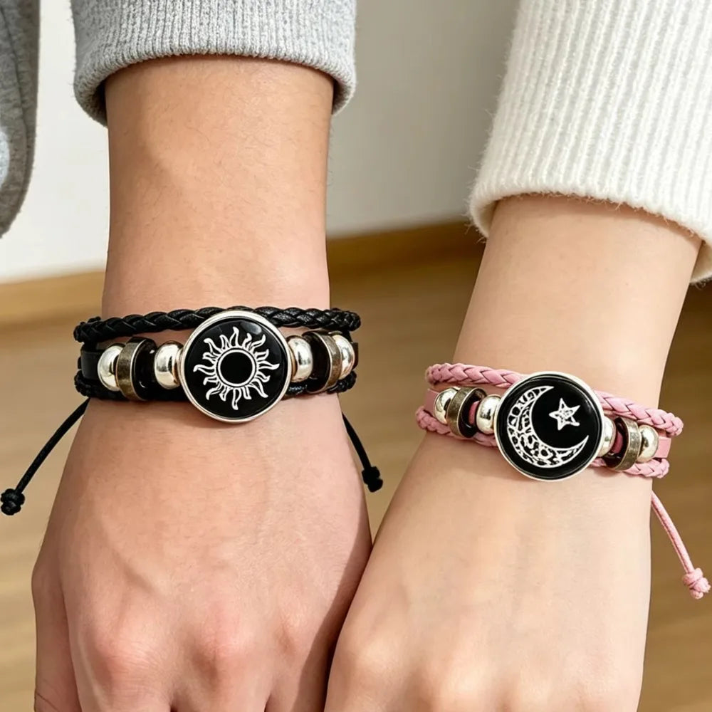 Sun and Moon Leather Bracelet Set — Matching Couple Jewelry with Glow Effect