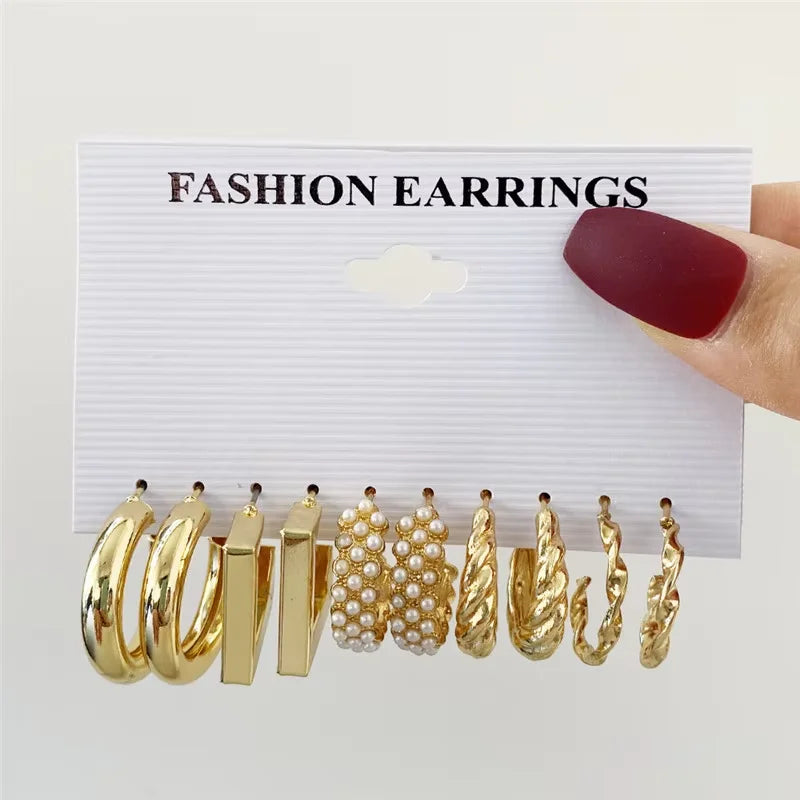 AY Geometric Hoop Earrings Set — Vintage Bohemian Pearl Drop Jewelry