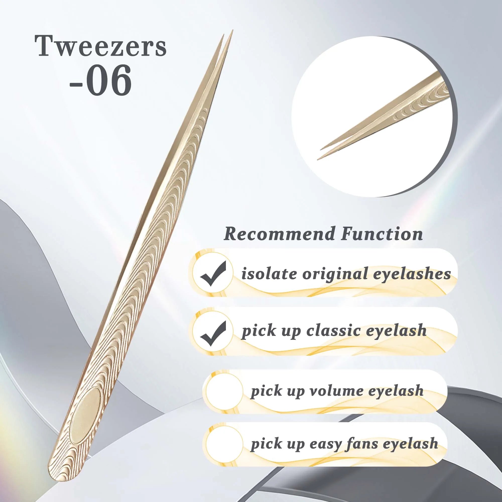 Gold Stainless Steel Eyelash Extension Tweezers — Anti-Slip Wood Grain Design