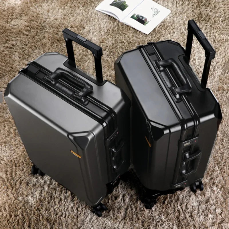 Aluminum Frame Rolling Luggage — USB Charging Suitcase with Password Lock