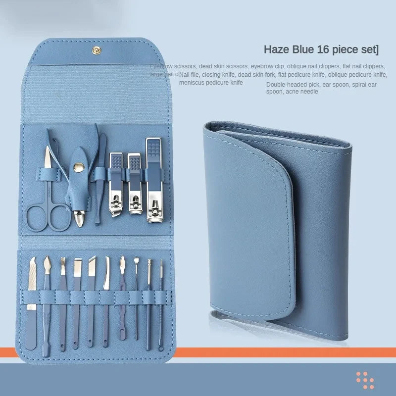 Professional 16-Piece Manicure Set — Stainless Steel Grooming Kit with Leather Case