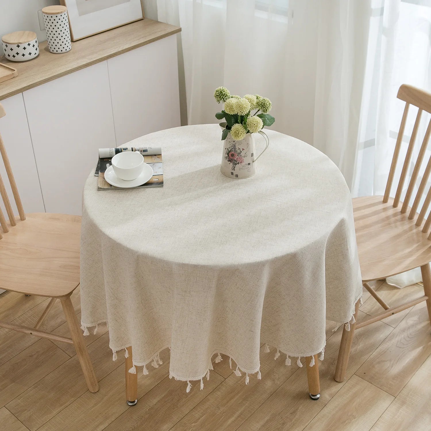 Linen Cotton Round Tablecloth — Vintage Ruffle Dining Table Cover