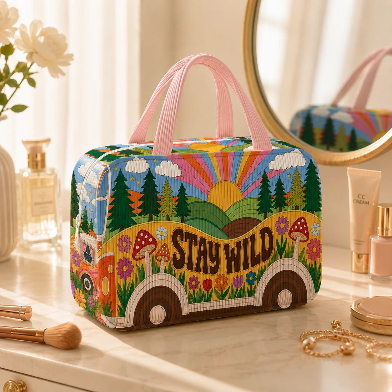 Retro Corduroy Cosmetic Bag — Portable Makeup & Toiletry Organizer