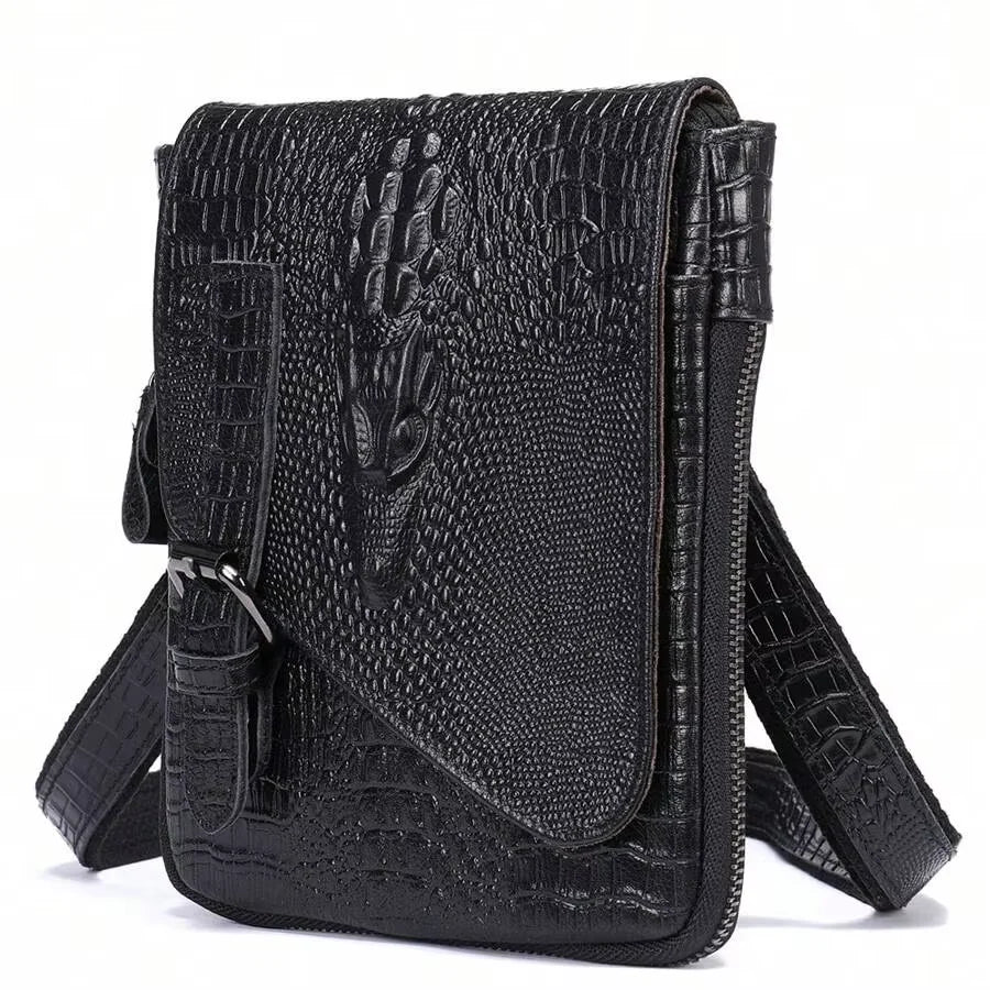 Men's Genuine Cowhide Shoulder Bag — Crocodile Embossed Crossbody Purse