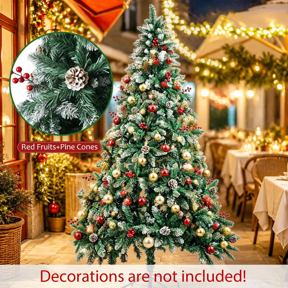 Snow Flocked Artificial Christmas Tree — Realistic Pine Cones & Red Berries