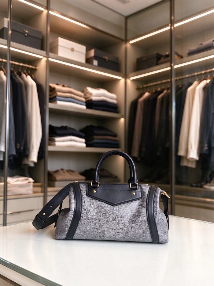 Grey-Black Pebbled Leather Boston Duffle Bag — Versatile Travel Tote