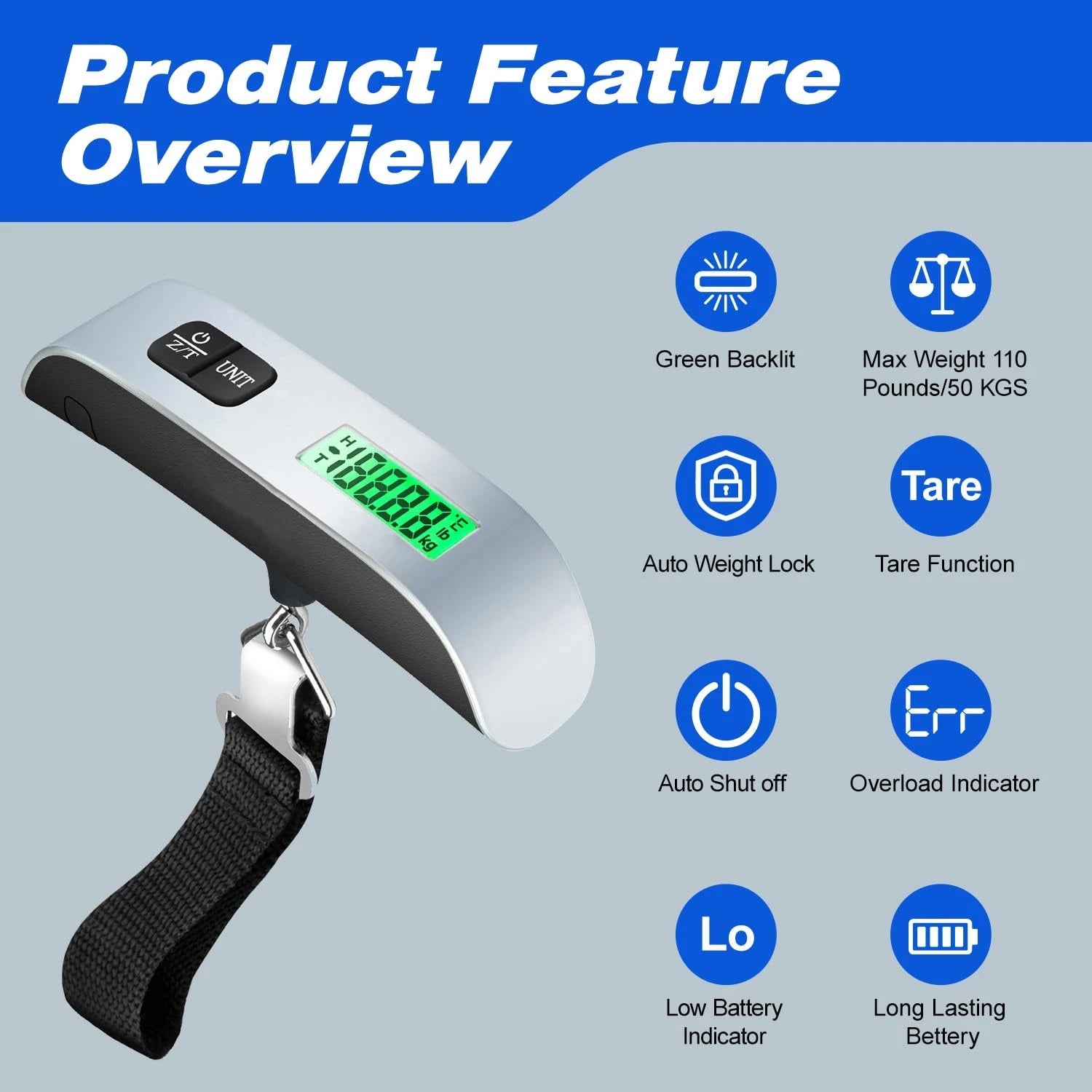 Digital Hanging Luggage Scale — Portable Suitcase Weight Checker, Backlit LCD