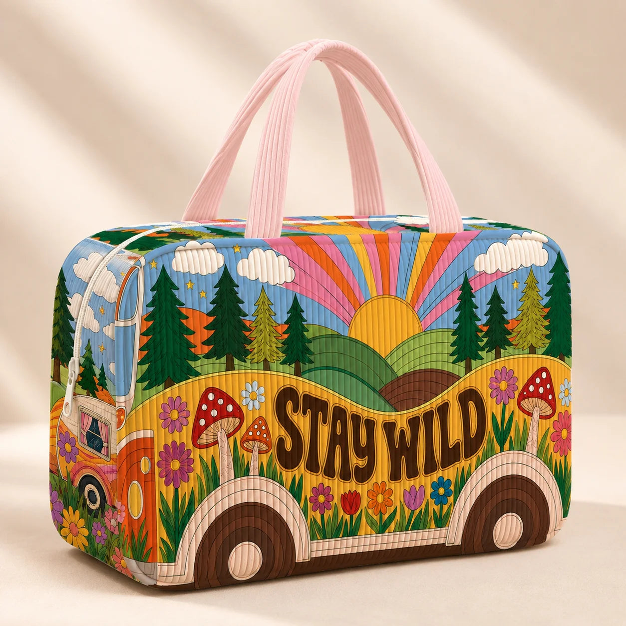 Retro Corduroy Cosmetic Bag — Portable Makeup & Toiletry Organizer