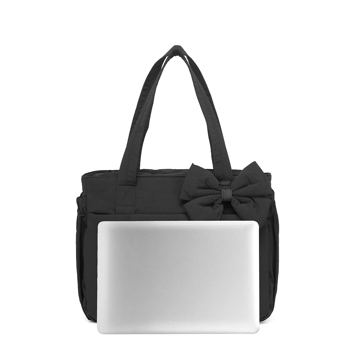 Padded Multi-Compartment Tote Bag — Water-Resistant Laptop Handbag with Bow