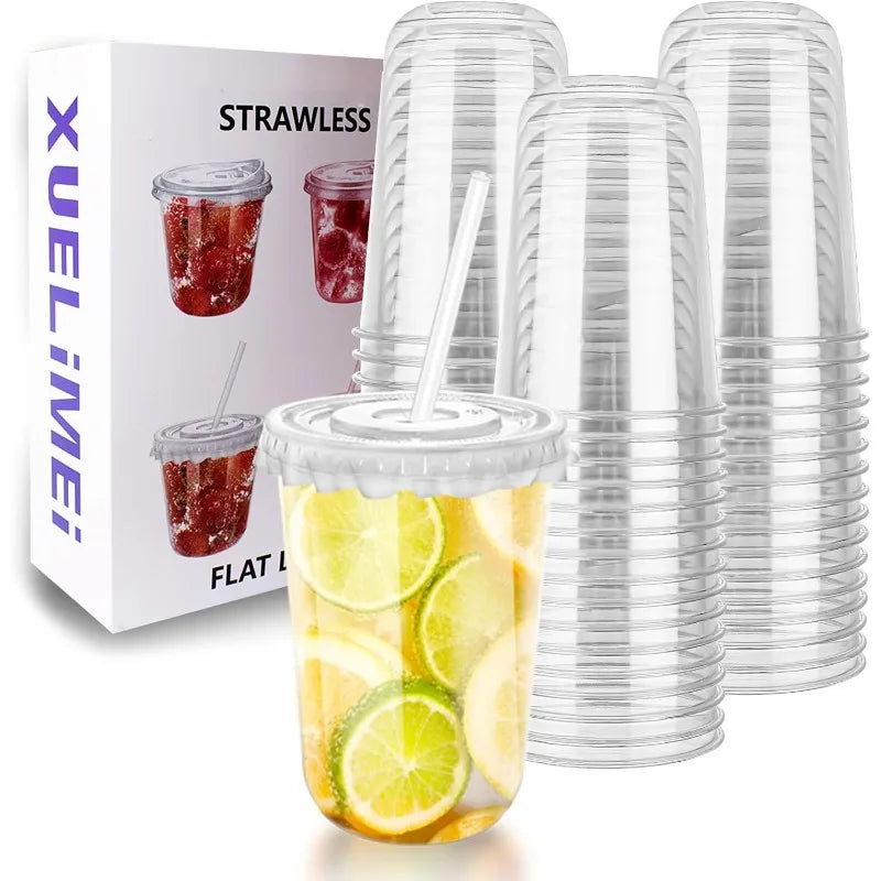 Disposable Stemless Wine Glasses — Clear Plastic Cups with Lids and Straws