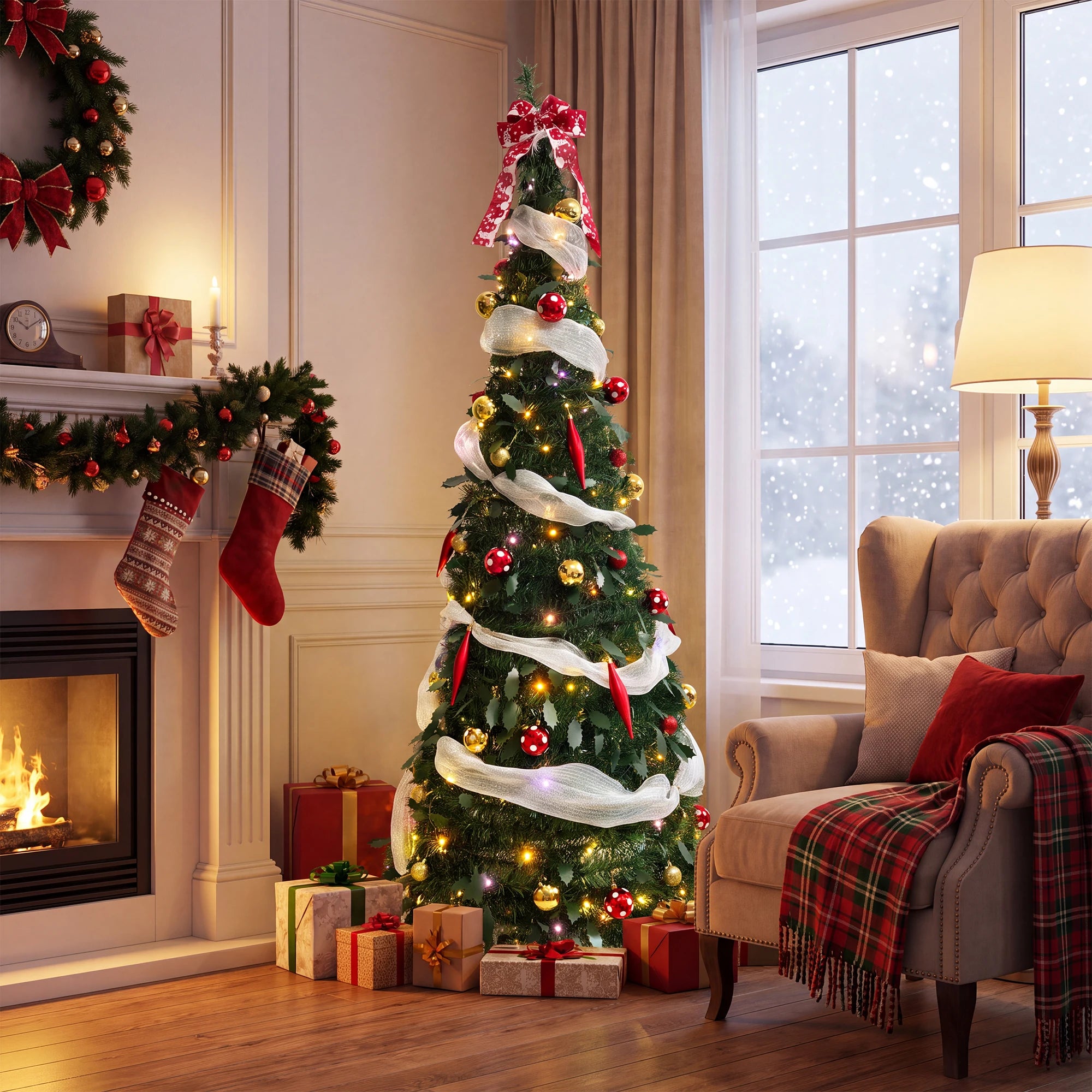 GAOMON 6ft Pop Up Christmas Tree — Pre-Lit Slim Pencil Design with Ornaments