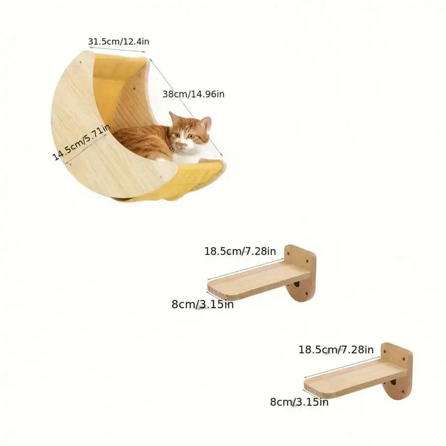 Moon Cat Wall Shelves — 3-Piece Solid Wood Climbing Set