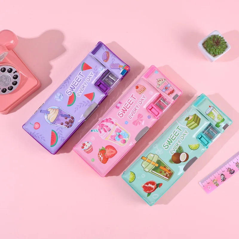 Multifunctional Cartoon Pencil Box — Double Sided Stationery Case with Sharpener