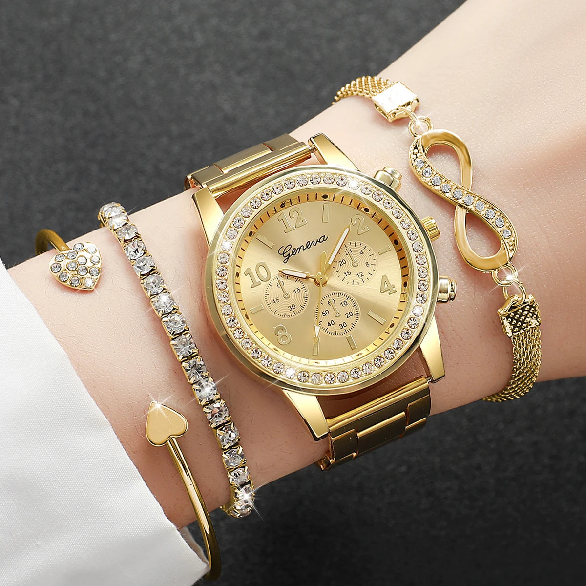 Women's Rhinestone Quartz Watch & Bracelet Set — Elegant Jewelry Accessory Kit
