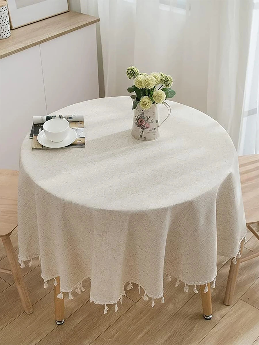 Round Cotton Linen Tablecloth — Elegant Tassel Design for Dining Tables