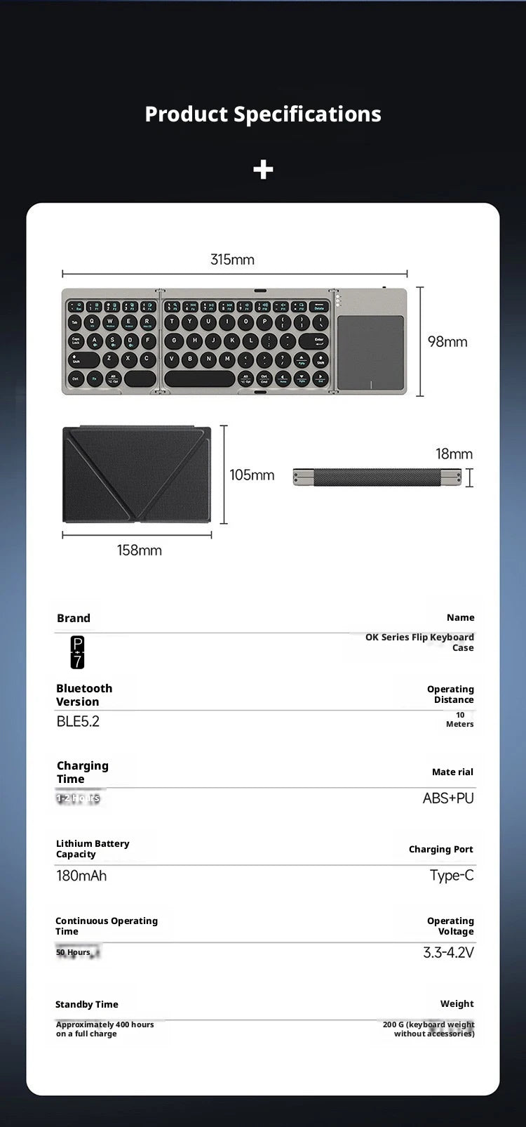 P+7 Three-Foldable Bluetooth Keyboard — Multi-Device Wireless Typing with Touchpad