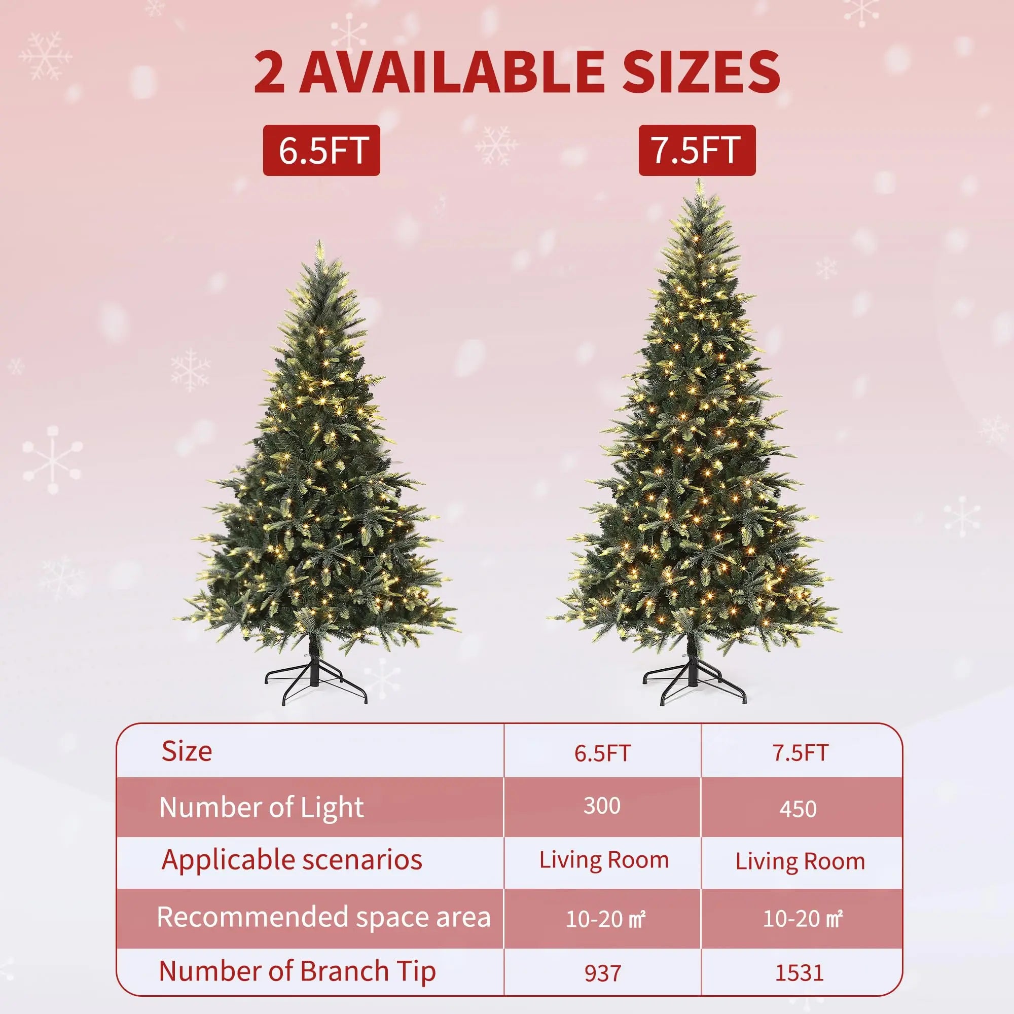 GAOMON Prelit Artificial Noble Fir Christmas Tree — Pink Snow Flocked Design