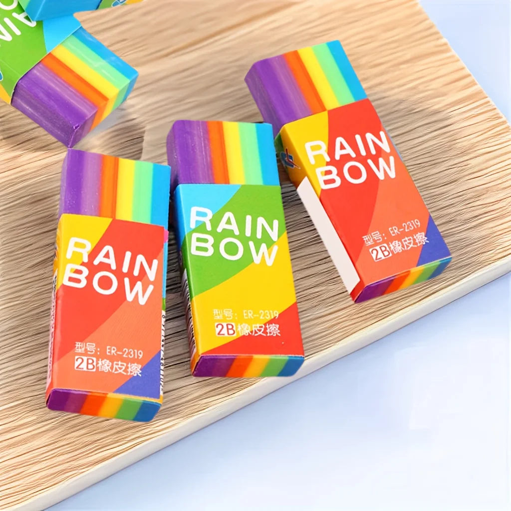 Rainbow 2B Pencil Erasers — Soft PVC Stationery for Writing & Drawing