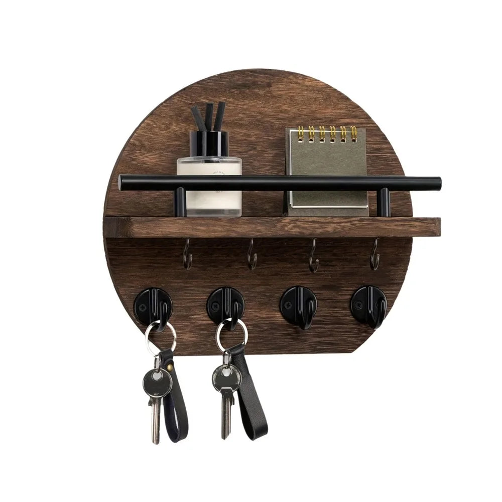 Retro Wall Mounted Key Holder — Decorative Wood Mail Organizer with Shelf