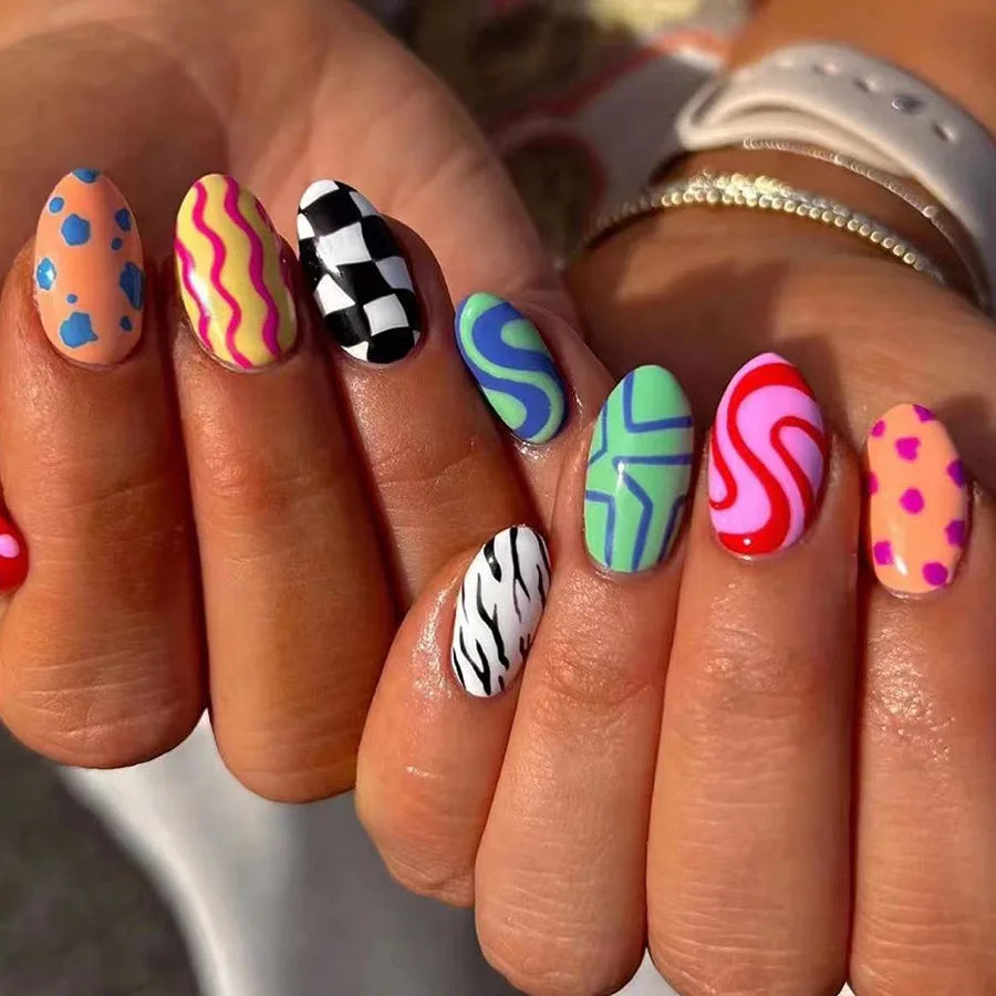 Stylebon Press-On Nails — Short Almond Checkerboard & Neon Design