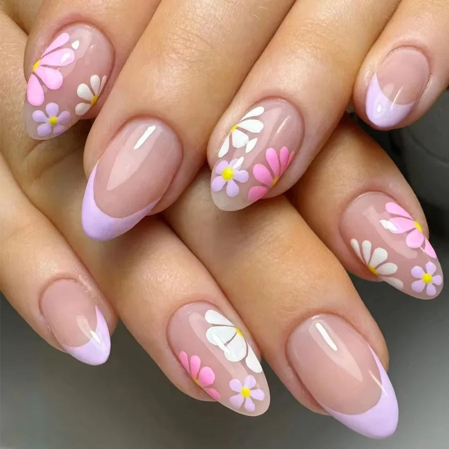 Pink Floral Press-On Nails — Short Almond French Tip Fake Nail Set