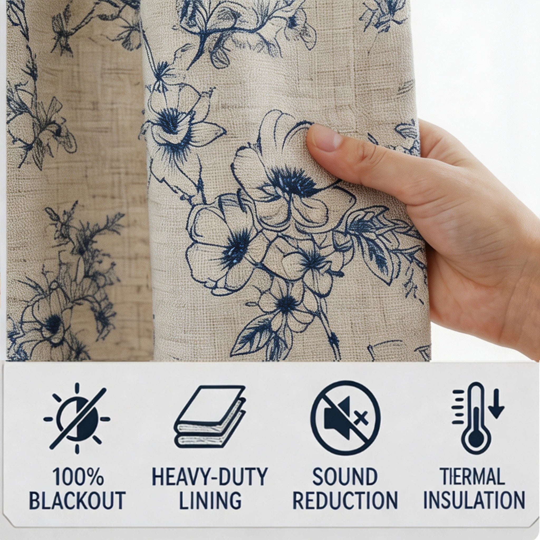 Blue Floral Blackout Curtains — 4 Panel Thermal Insulated Set