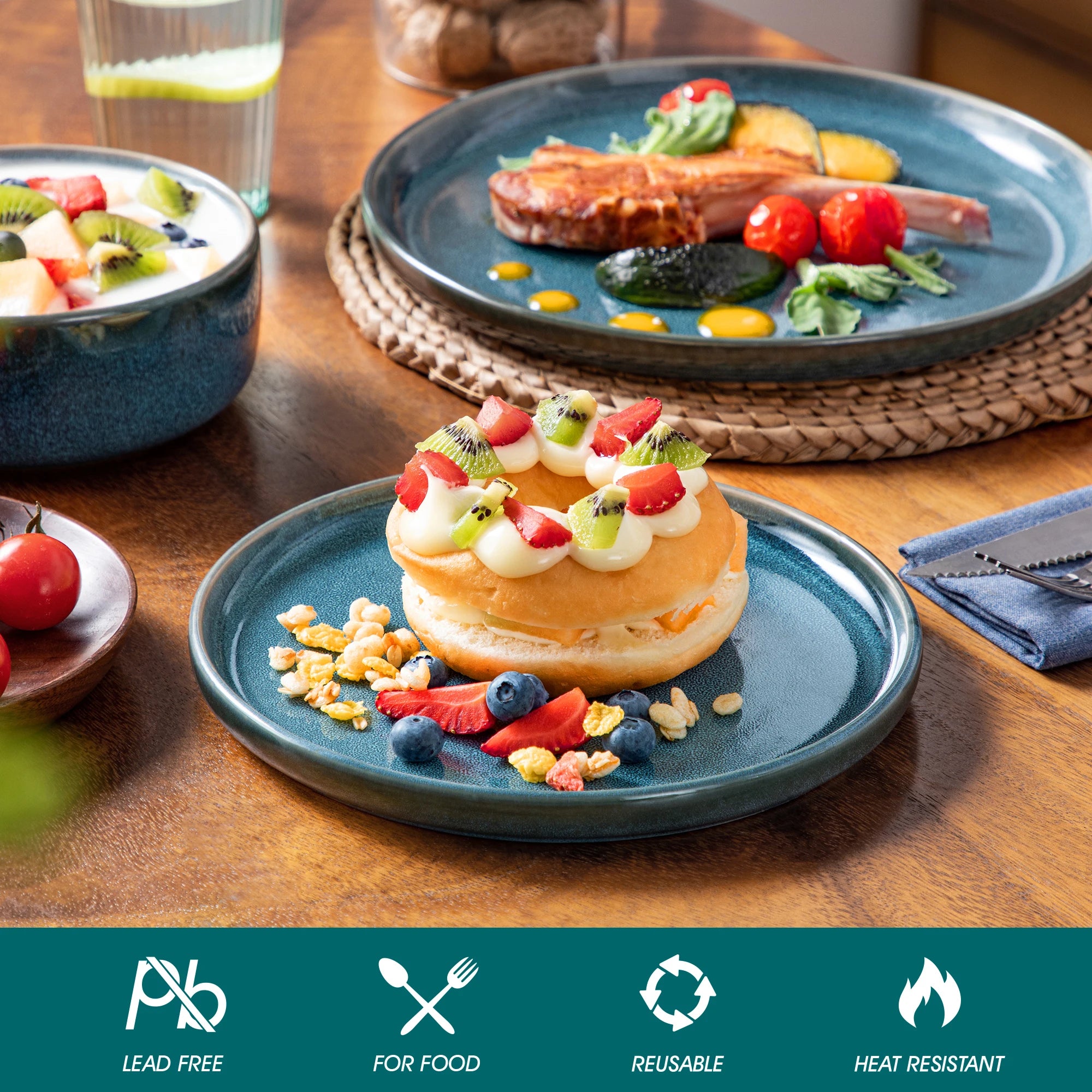 MALACASA Blue Ceramic Dinnerware Set — Reactive Glaze Vertical Edge Plates