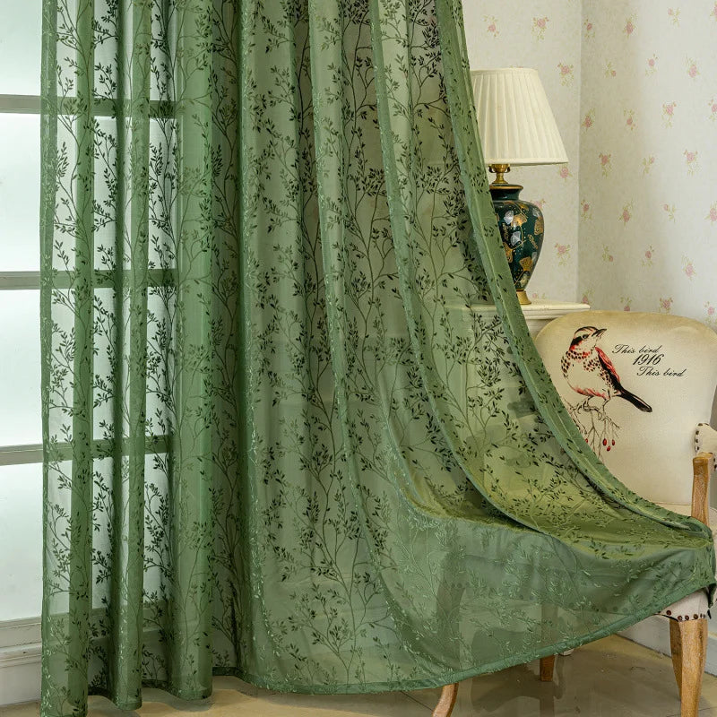 European Style Jacquard Sheer Curtain — Elegant Green Window Panel