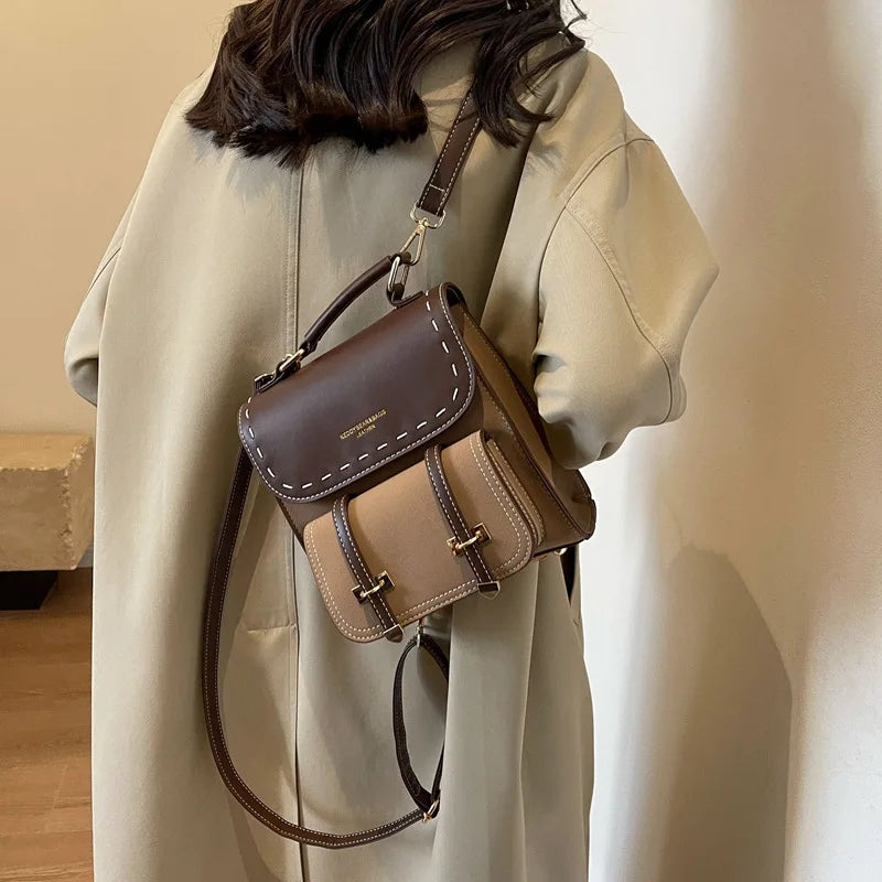 Women's Faux Leather Patchwork Backpack — Stylish Travel & School Bag