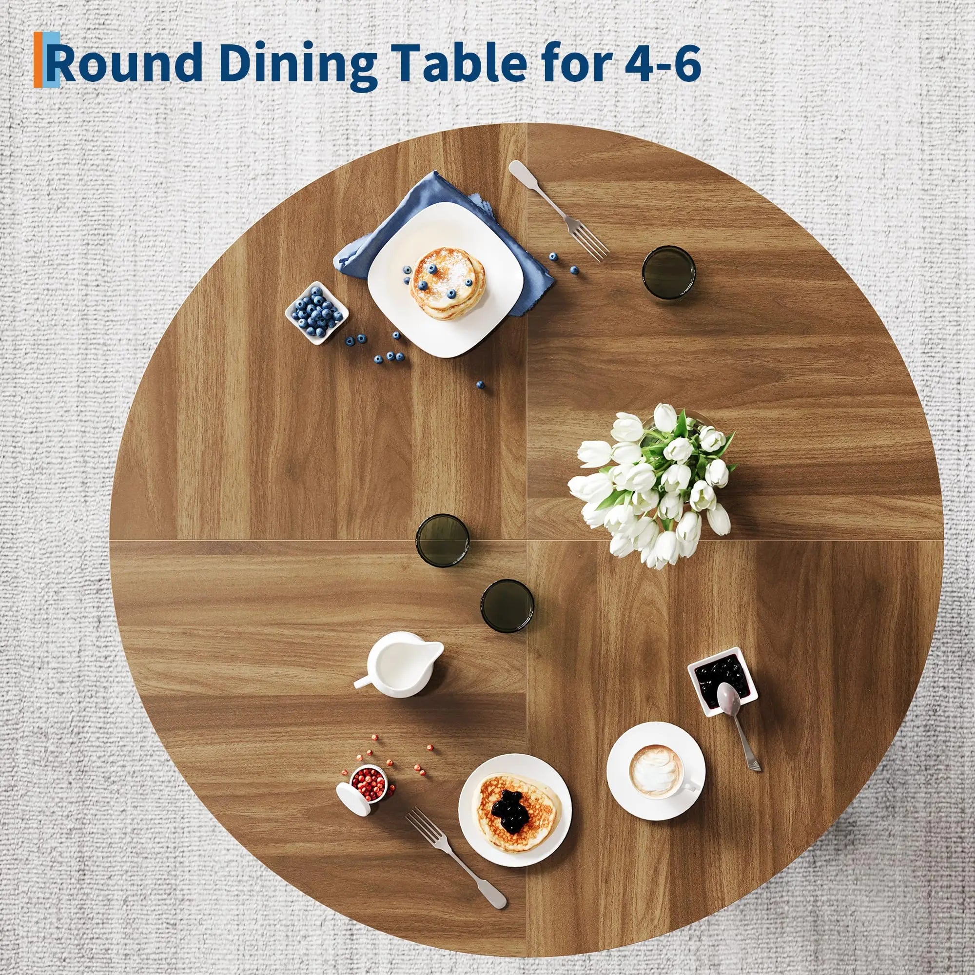 HiMISS 47 Inch Round Dining Table — Farmhouse Herringbone Wood Top