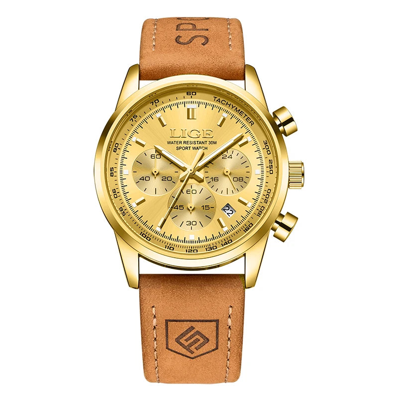 LIGE Men's Business Quartz Watch — Genuine Leather Chronograph Wristwatch