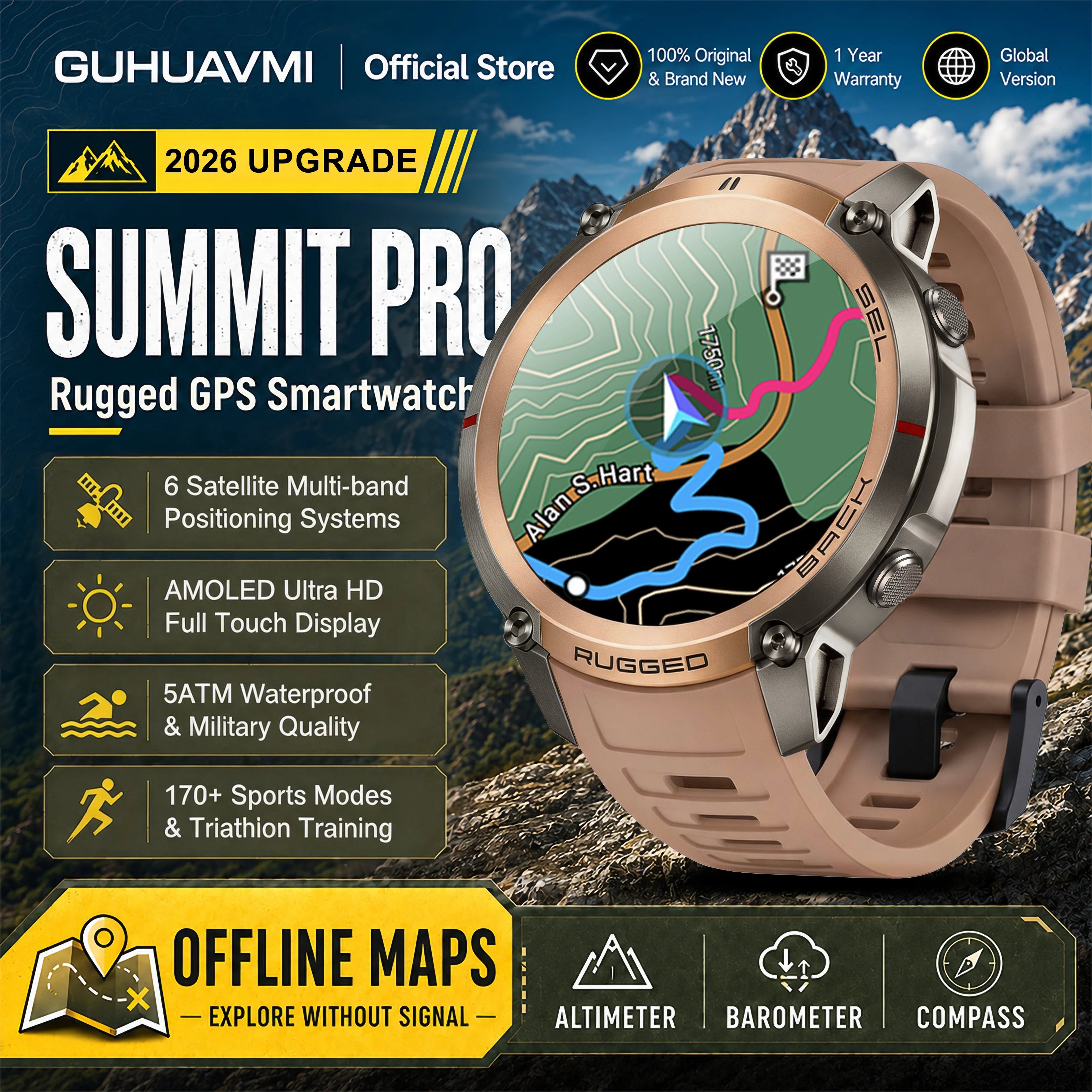 GUHUAVMI Military GPS Smartwatch — Offline Map & 5ATM Waterproof Sports Watch