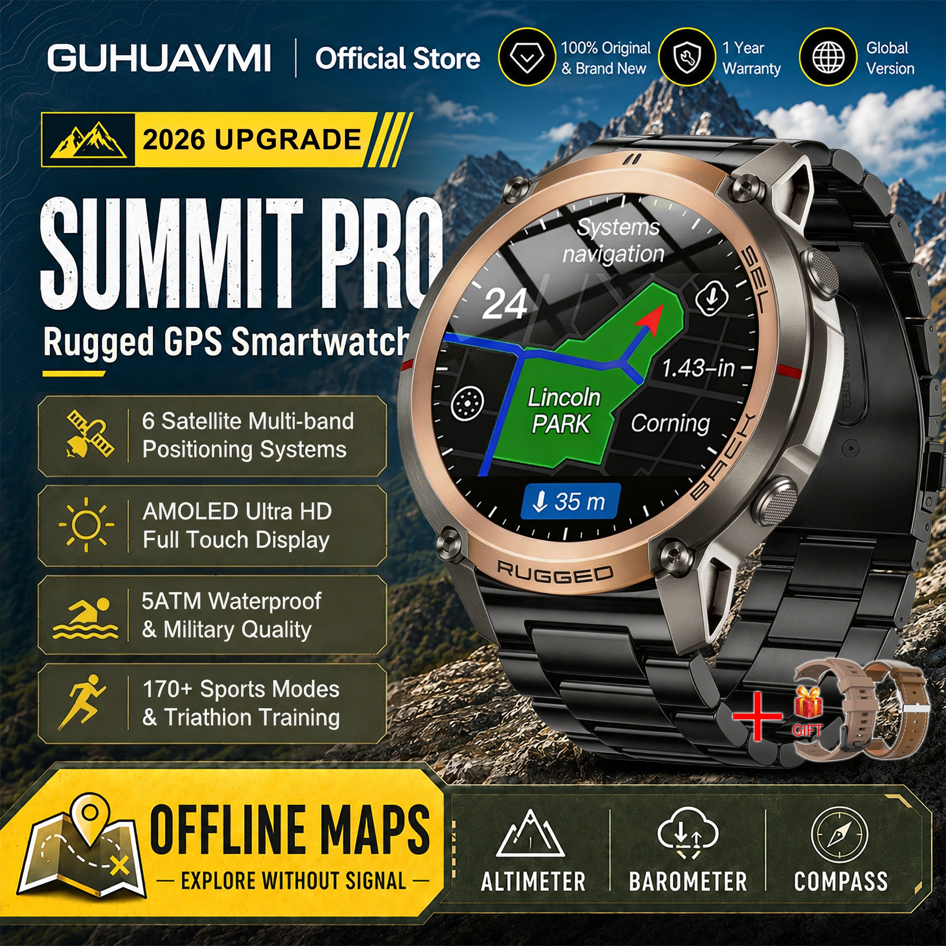 GUHUAVMI Military GPS Smartwatch — Offline Map & 5ATM Waterproof Sports Watch