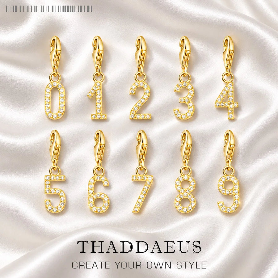 Thaddaeus Gold Plated Number Letter Charm — 925 Sterling Silver Zirconia Pendant